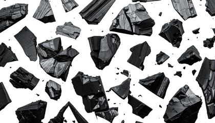 Black, fractured rock fragments scattered across a dark background