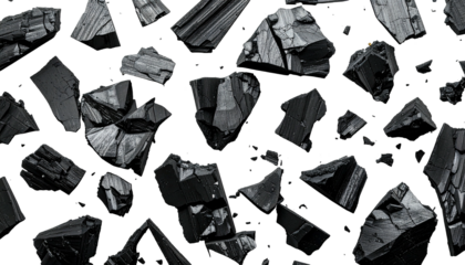 Black, fractured rock fragments scattered across a dark background