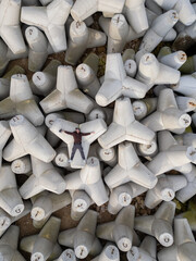 Top-down aerial photo of a lone man lying among massive concrete wave breakers, symbolizing human vulnerability, isolation, and scale contrast between individual and monumental infrastructure