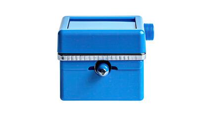 Blue rectangular device with screen, knob, and silver trim. Solid color. Dark background