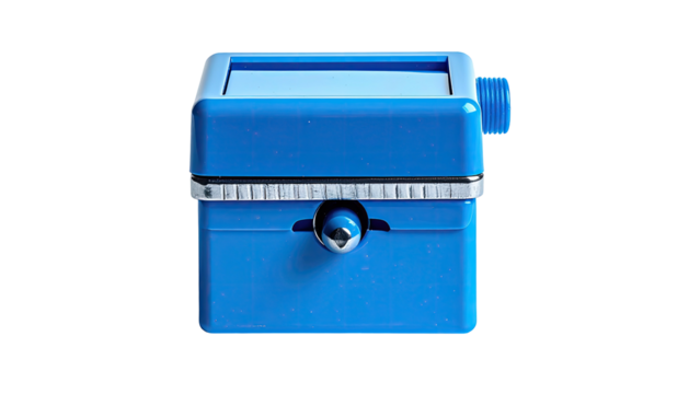 Blue rectangular device with screen, knob, and silver trim. Solid color. Dark background - Powered by Adobe