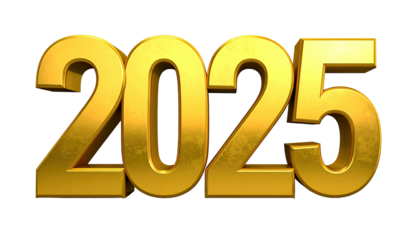 Bold, golden 3D text "2025" against a black background. Represents the future year