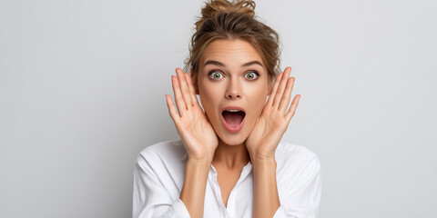 Surprised young woman holding hands near her face with mouth open in shock on a neutral background.