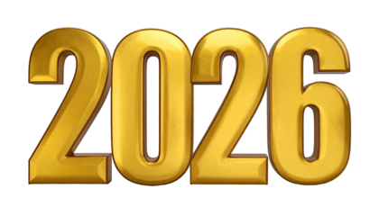 Bold, golden 2026 numerals against a transparent background, suggestive of future time