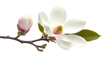 Branch of delicate white magnolia blossoms and buds with dark, textured branch against black