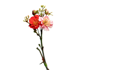 Branch of vibrant, delicate flowers with red, pink, and white petals against a dark backdrop