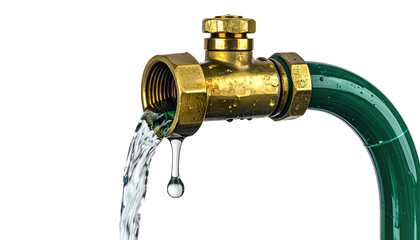 Brass faucet attached to a green hose with water pouring out, isolated on black