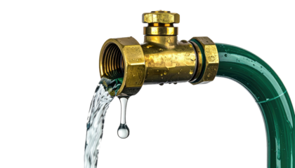 Brass faucet attached to a green hose with water pouring out, isolated on black