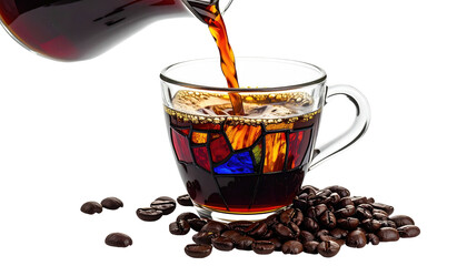 Brewing coffee, stained glass cup with dark liquid, beans in foreground, black background