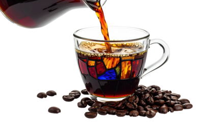 Brewing coffee, stained glass cup with dark liquid, beans in foreground, black background