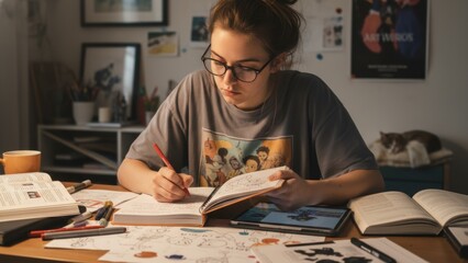Focused young student diligently working on creative projects and assignments at a cozy desk late