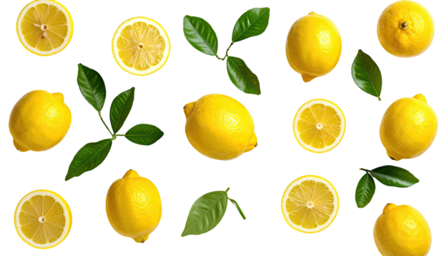 Bright yellow citrus fruit and green foliage, artfully arranged on a black background - Powered by Adobe