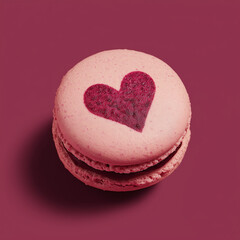 Pink French Macaron with Red Heart Shape on Dark Pink Background