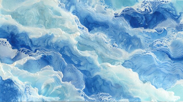 Blue and white flowing abstract painting fluid acrylic art. Ocean wave texture background. Creative liquid ink effect for modern design.