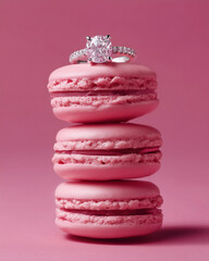 Luxury Engagement Diamond Ring on Stack of Pink Macarons