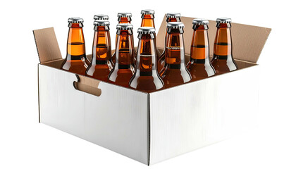 Cardboard box filled with eleven brown glass bottles, all capped and standing upright