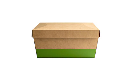 Cardboard food container, rectangular, with brown lid and green lower section against black backdrop