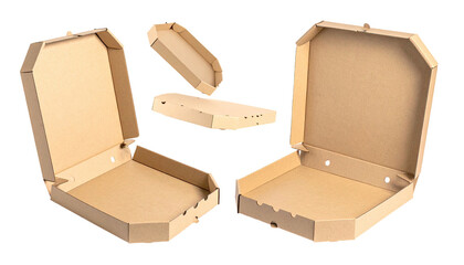 Cardboard pizza boxes, some opened and separated, isolated on black, perfect for product display
