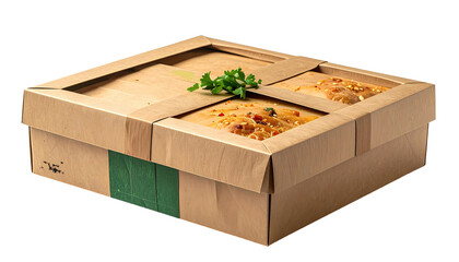 Cardboard takeout box with food inside and a peek through the lid. Garnished with herbs