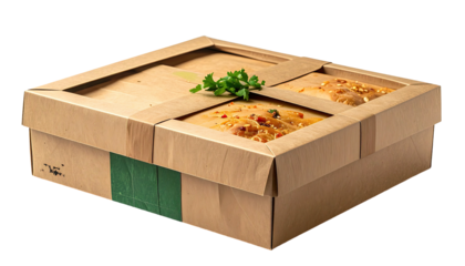 Cardboard takeout box with food inside and a peek through the lid. Garnished with herbs
