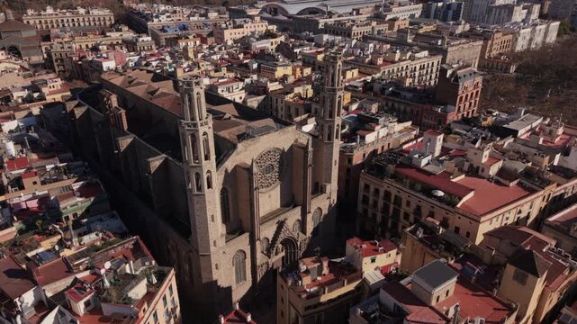 descending shot of Santa Maria del Pi church in Barcelona