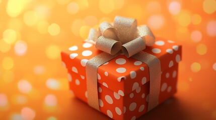 Gift box with golden ribbon and polka dots on a festive background