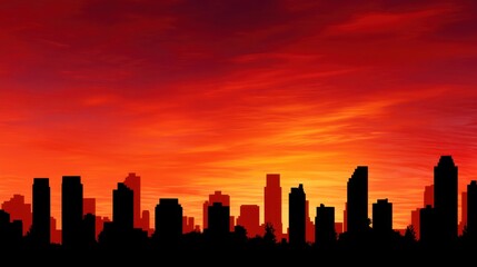 Fototapeta premium Silhouette of a generic city skyline against a dramatic red and orange sunset or sunrise sky. Urban architectural background for business and travel.