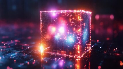 Digital glowing cube creating an abstract technological network on a dark background, representing data processing, artificial intelligence, and cybersecurity concepts with vibrant colorful lights - Powered by Adobe