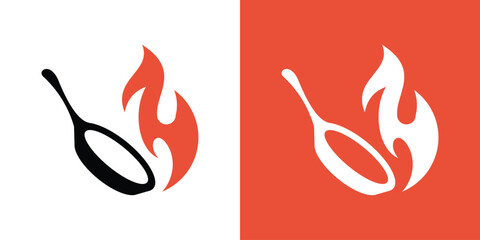 Dual meaning logo combining a nonstick pan and flame, symbolizing durability, heat control, efficiency, and modern cooking performance with a clean design.