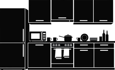 Modern kitchen interior with kitchen furniture and appliances, including cabinets, a refrigerator, an oven, a microwave, and a sink vector illustration silhouette. 