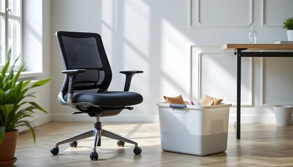 large plastic storage container near office chair, clean background