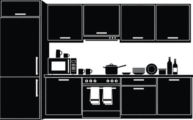Modern kitchen interior with kitchen furniture and appliances, including cabinets, a refrigerator, an oven, a microwave, and a sink vector illustration silhouette. 