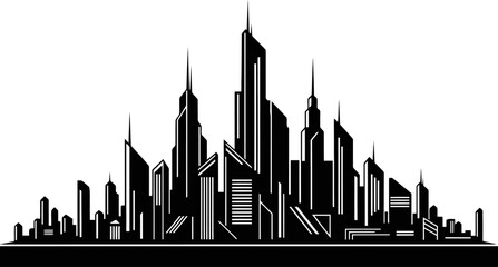 Futuristic City Skyline Silhouette In Black Sharp Geometric Buildings Minimal Modern Design Isolated