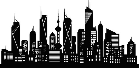 Flat Cityscape Silhouette Illustration With Modern Urban Architecture Black Color