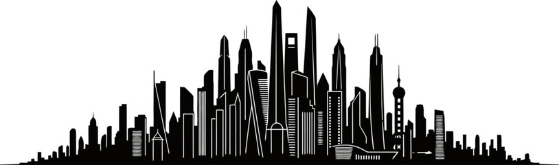 Futuristic City Skyline Silhouette Tall Towers And Modern Architecture Solid Black