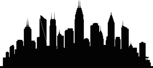 Modern City Skyline Silhouette In Solid Black Featuring Skyscrapers And Urban Buildings Isolated