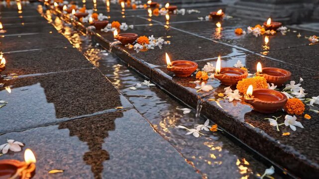 Rows Of Lit Terracotta Oil Lamps With Orange And White Flowers Arranged On Wet Stone Steps Reflecting Warm Light In Evening Dusk Atmosphere