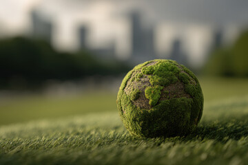Green, Moss-Covered, Sphere on Grassy Field - Eco, Nature, Cityscape