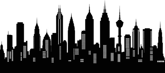 Urban City Silhouette With High Rise Buildings And Towers Black Flat Design
