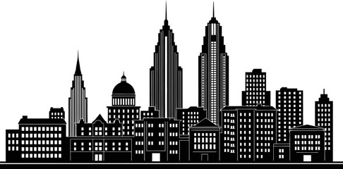 Flat Cityscape Silhouette Illustration With Modern Urban Architecture Black Color Only