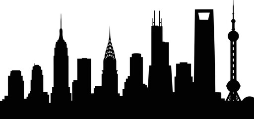 Cityscape Silhouette With Iconic Skyscraper Shapes Solid Black Minimal Style