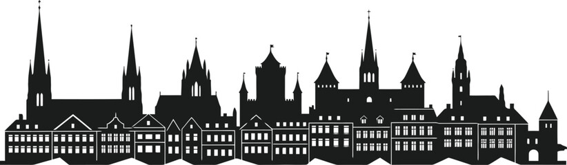 European Style City Skyline Silhouette Historic Buildings And Rooftops Black Flat Silhouette Clean