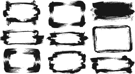 Rough Grunge Ink Frame Collection On White Background Black Brush Stroke Boxes With Splashes And Scratches