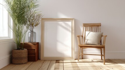 Blank picture frame resting on wooden floor in cozy room with houseplant, perfect for art display or advertisement mockup