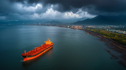 Aerial View Cargo Ship Near Coastal City Under Stormy Sky
