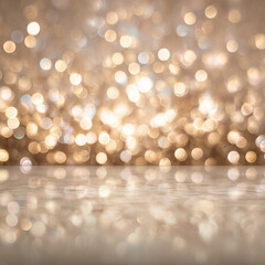 Golden Bokeh Lights Background with Reflective Marble Floor