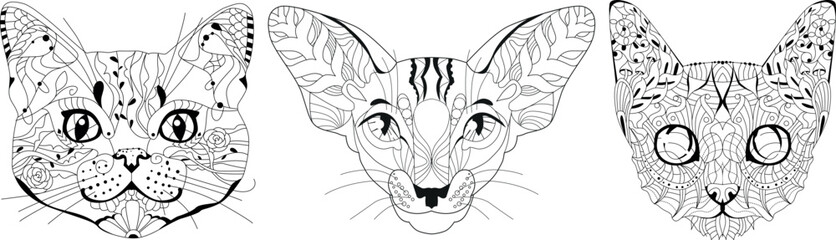 Set of stylized cat heads. Hand Drawn lace vector illustration for coloring