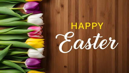 Happy easter greeting with colorful tulips on wooden background