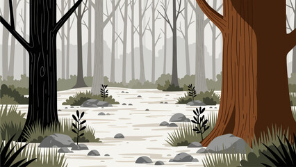 A large brown trunk and a black silhouette frame a pale, stone-scattered path winding through sparse grass into a depth of slender, gray trees that fade into a misty, atmospheric winter background