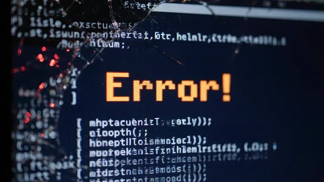Computer monitor showing an orange error message and abstract code with a cracked glass effect.